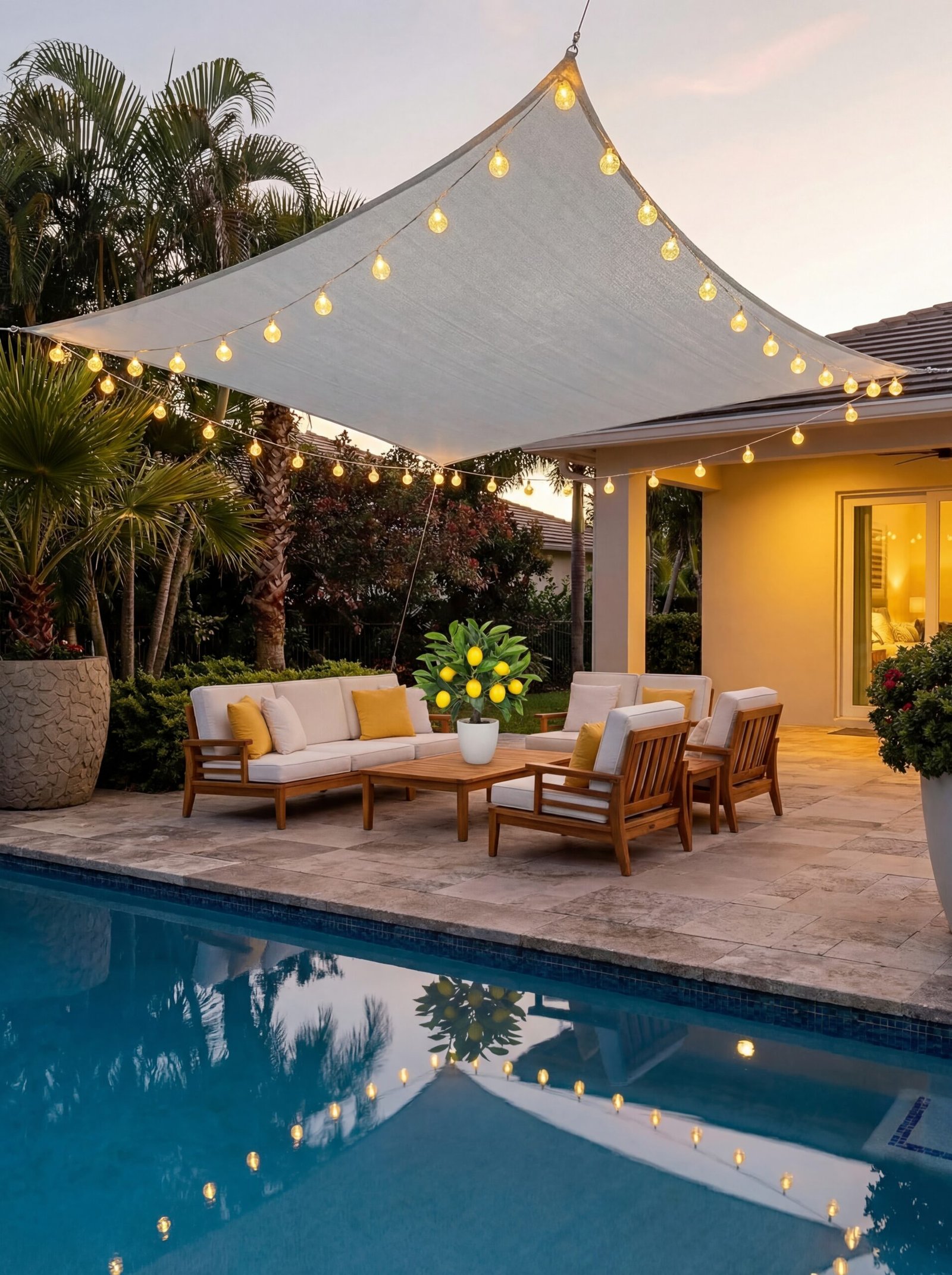 Contemporary sail shade canopy in neutral tones providing elegant Mediterranean patio coverage with modern clean lines