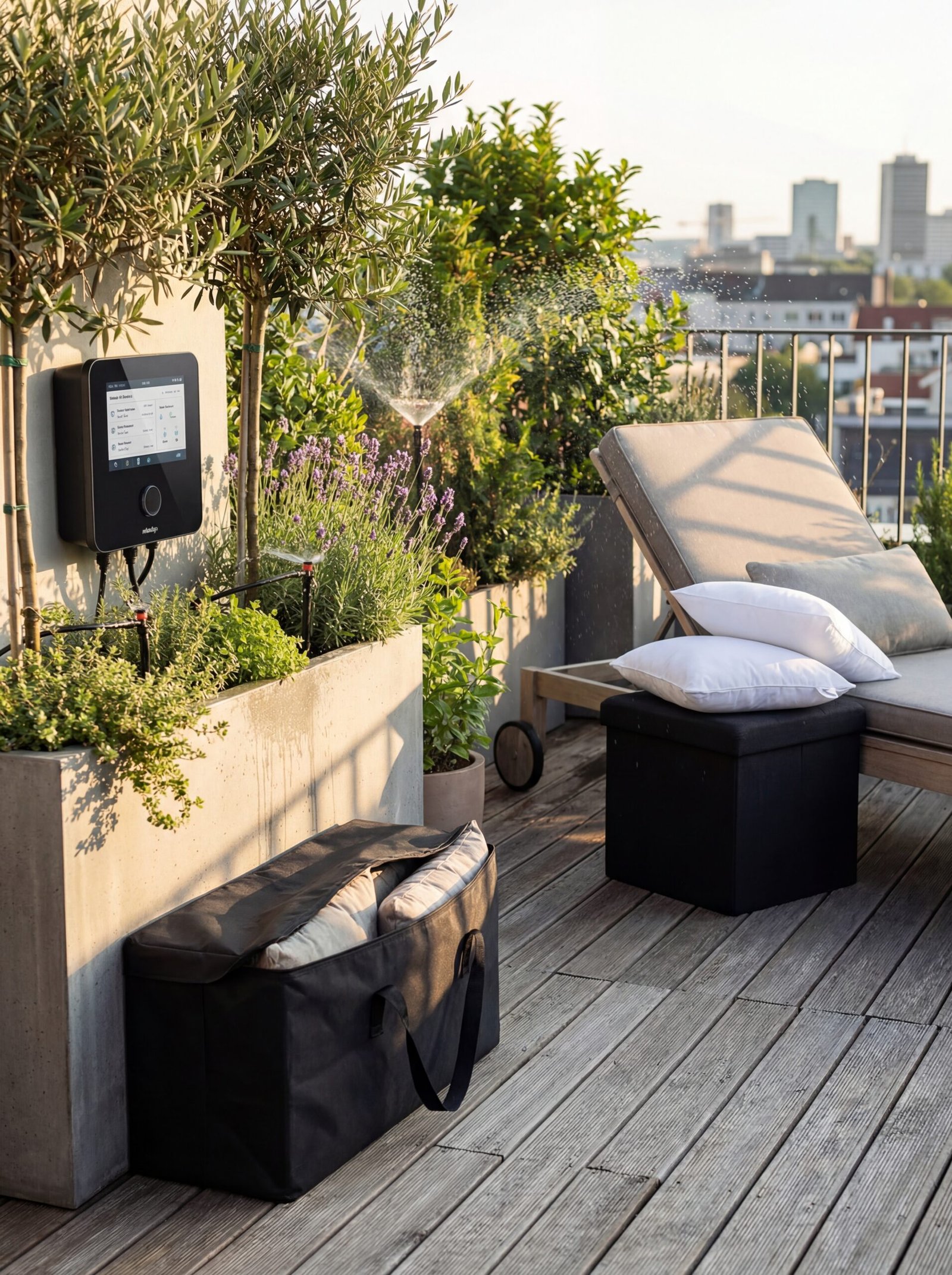 Waterproof storage solutions and protective covers for organized terrace maintenance equipment