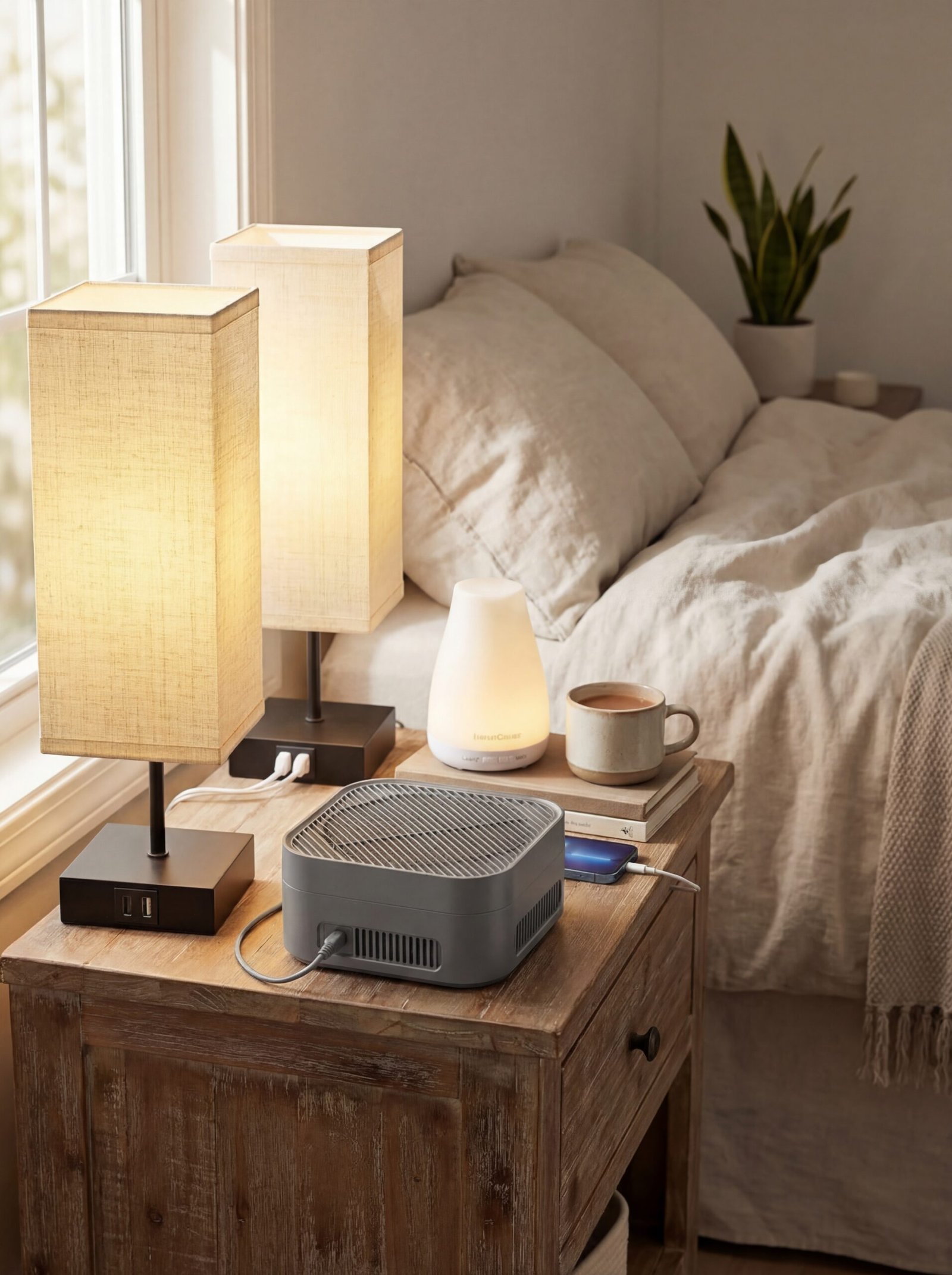 Modern master bedroom with smart climate control devices including touch lamps and air purifier creating perfect sleep environment