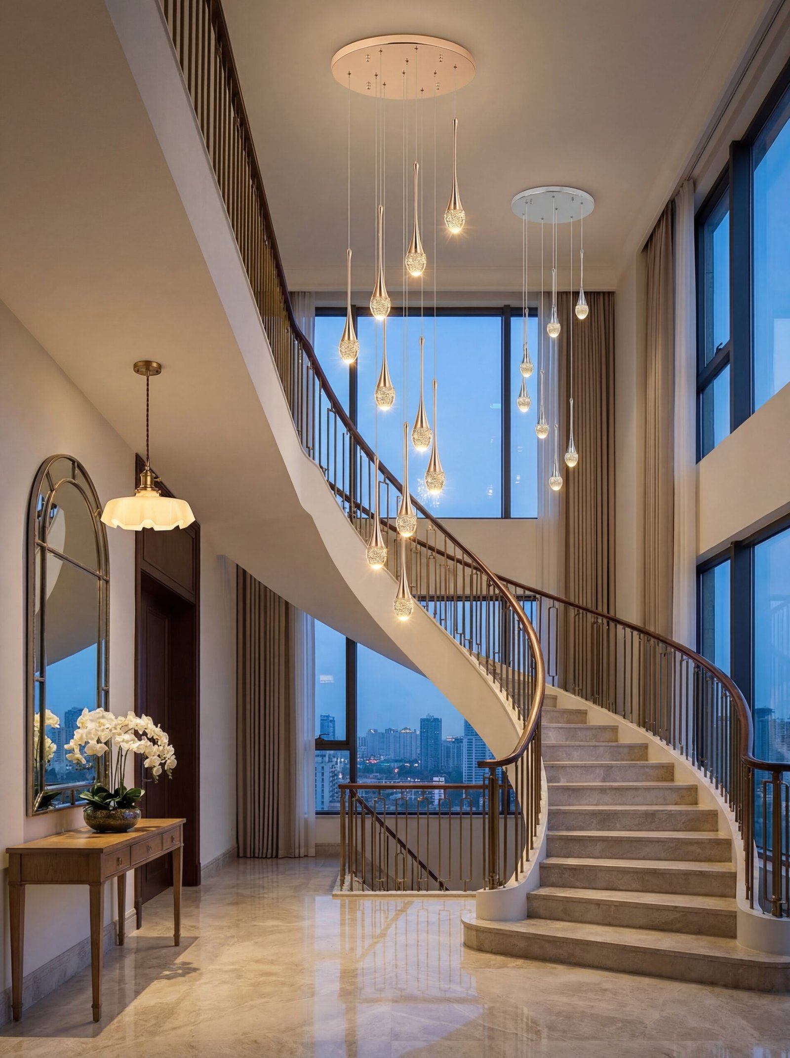 Stunning crystal chandelier cascading from high ceiling in neo-classical foyer with gold accents