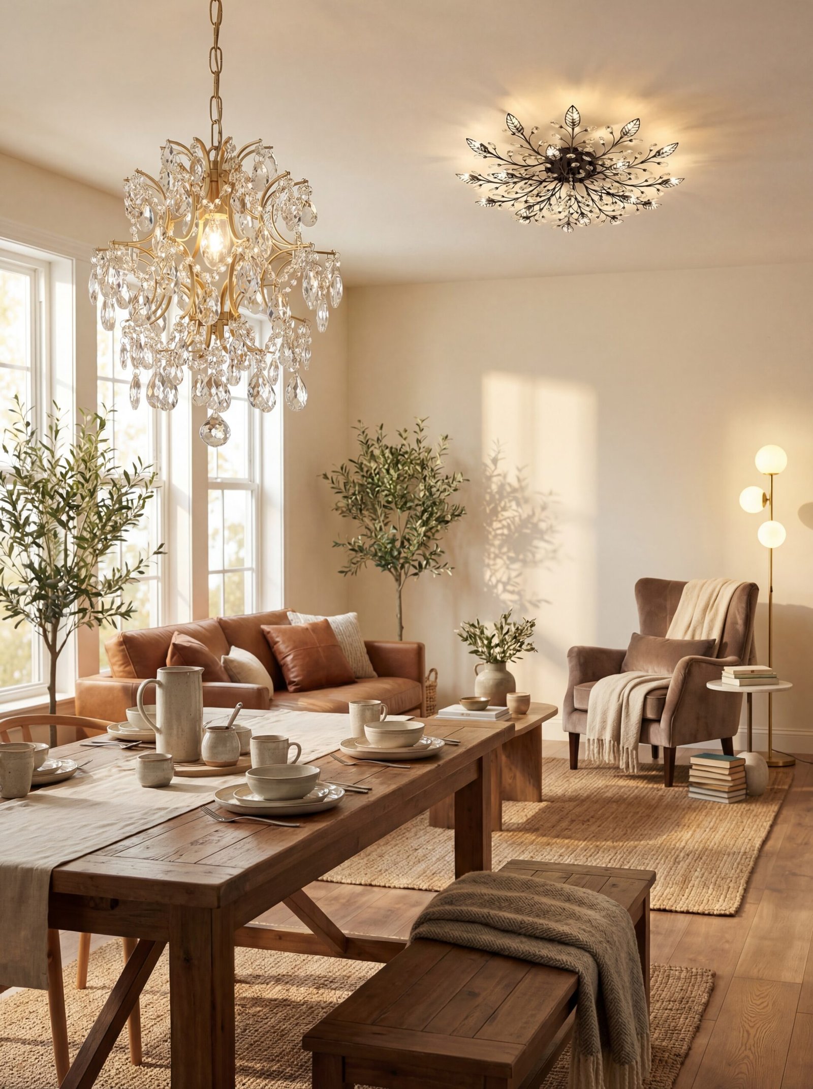 Luxury statement chandelier creating dramatic focal point in modern living room with crystal details and metallic finish