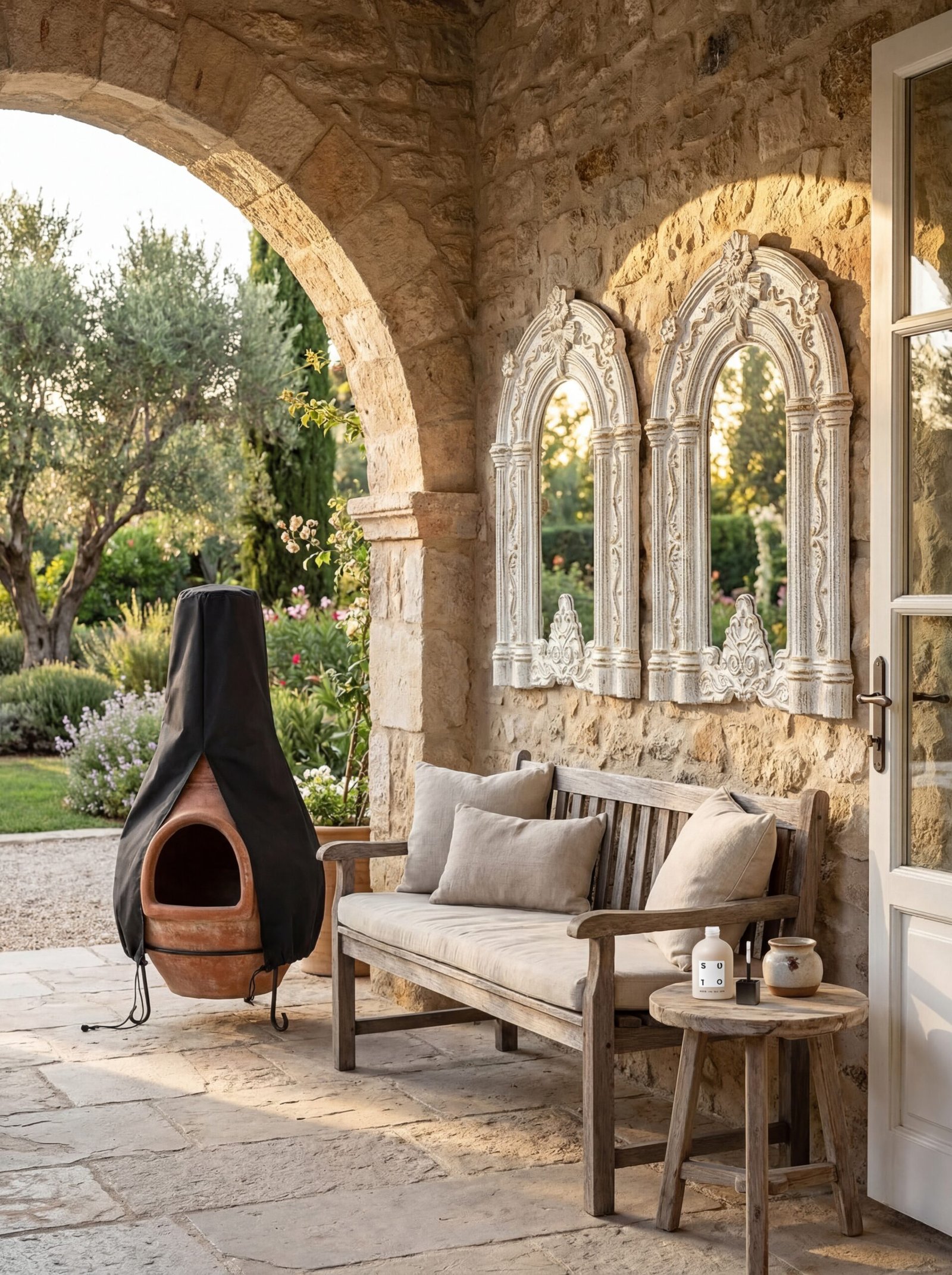 Rustic stone wall with Mediterranean archway framing a villa patio outdoor living space with natural weathered textures