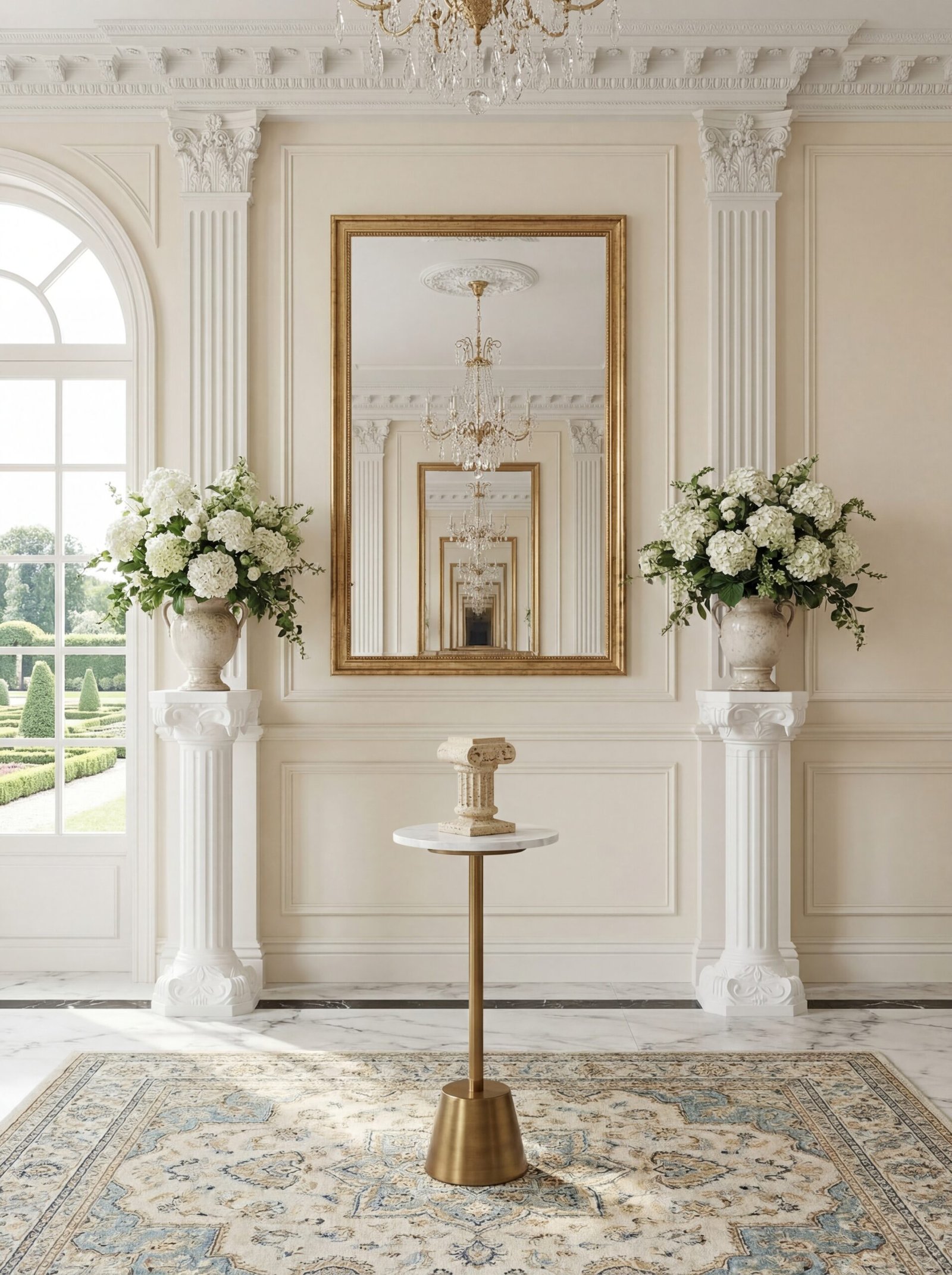 Perfectly symmetrical foyer arrangement with matching decorative columns and balanced furniture placement