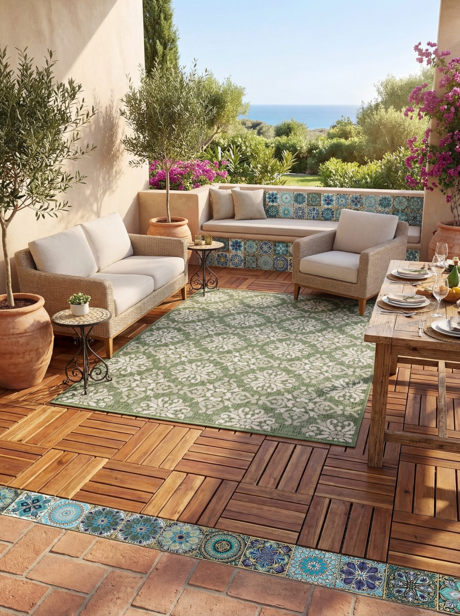 Intricate terracotta and mosaic tile flooring patterns in warm Mediterranean tones creating an authentic villa patio floor