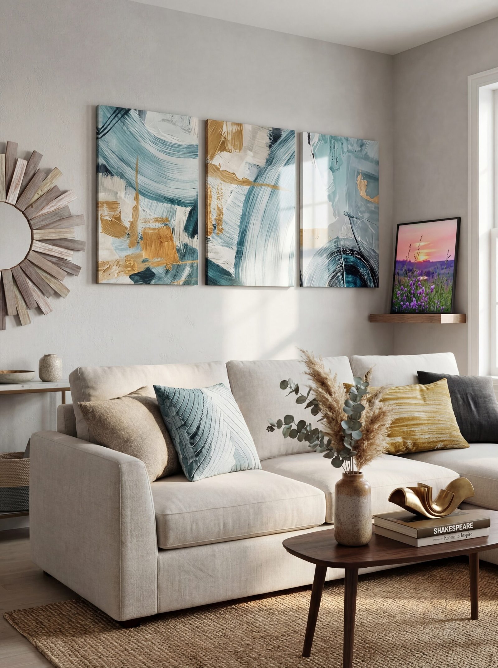 Large scale abstract artwork in gold and blue tones commanding attention on living room feature wall