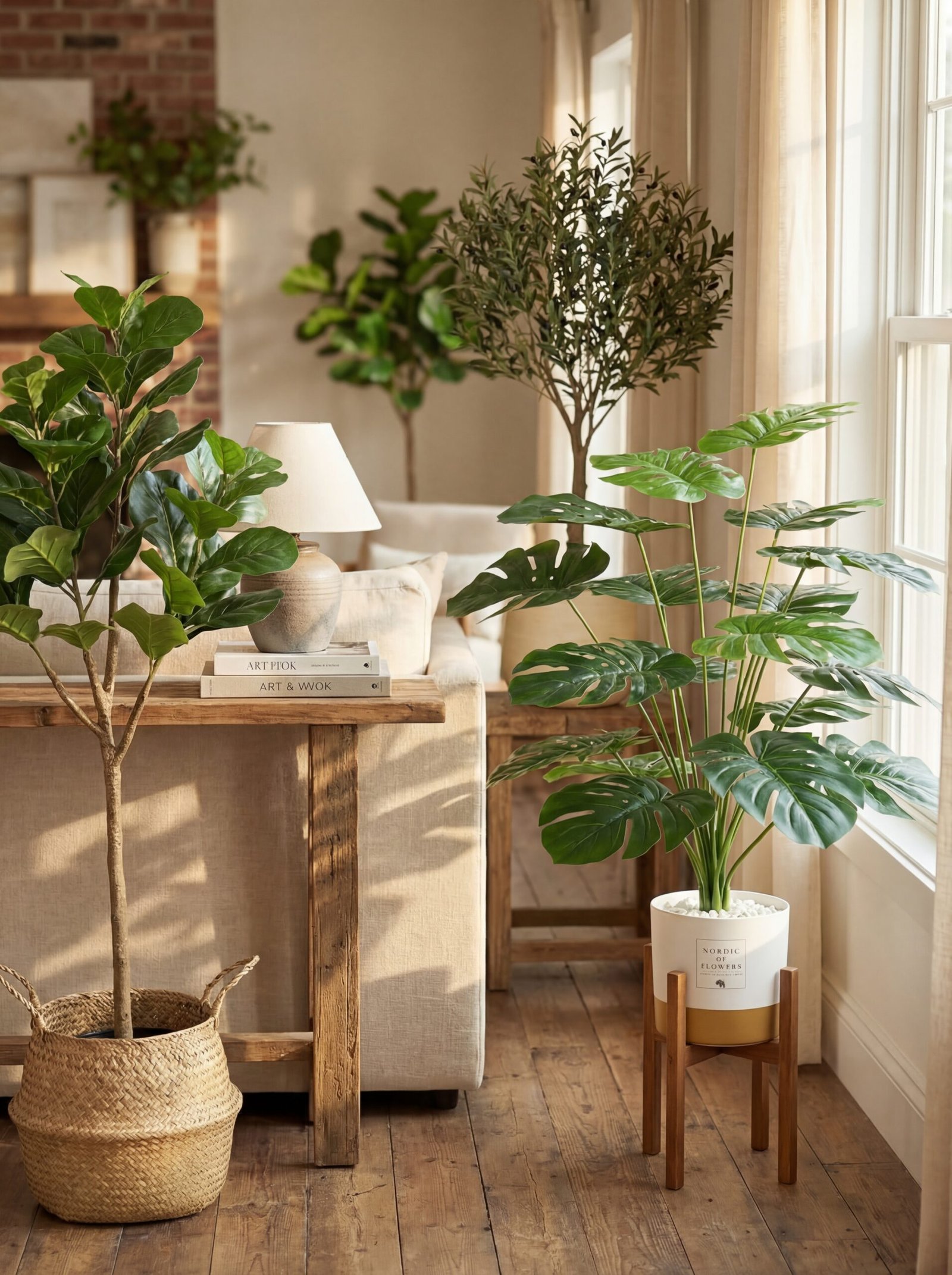 Thoughtfully positioned large-scale greenery and botanical elements bringing life and luxury to modern living room corners