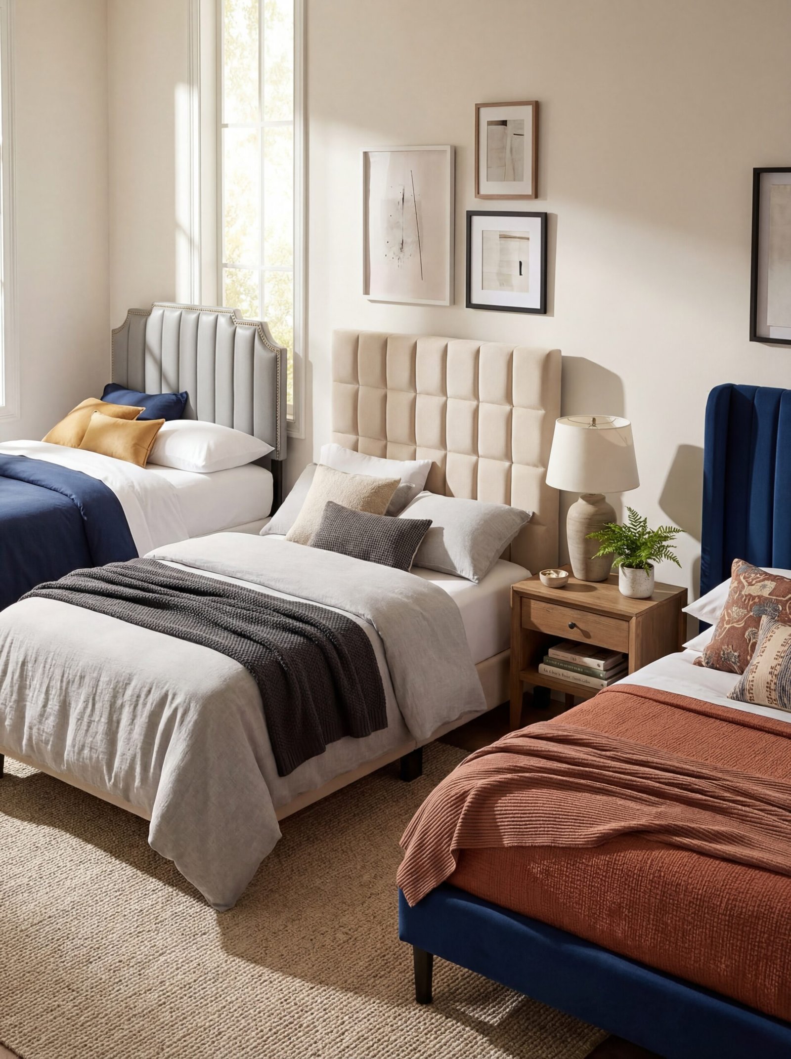 Sophisticated master bedroom showcasing tufted velvet headboard with gold nailhead trim and luxurious bedding