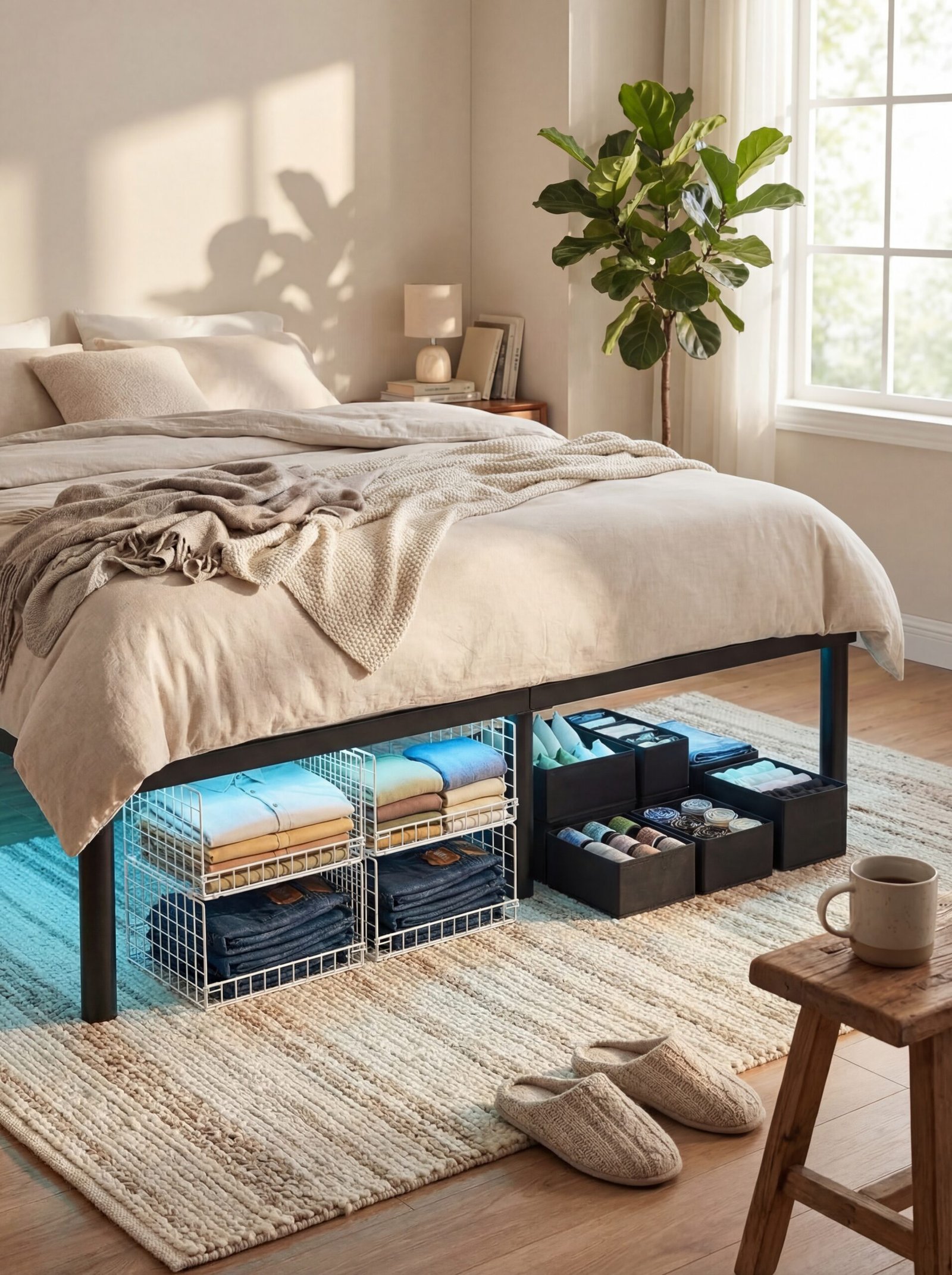Organized master bedroom featuring stackable closet organizers, drawer dividers, and LED-lit bed frame with storage space