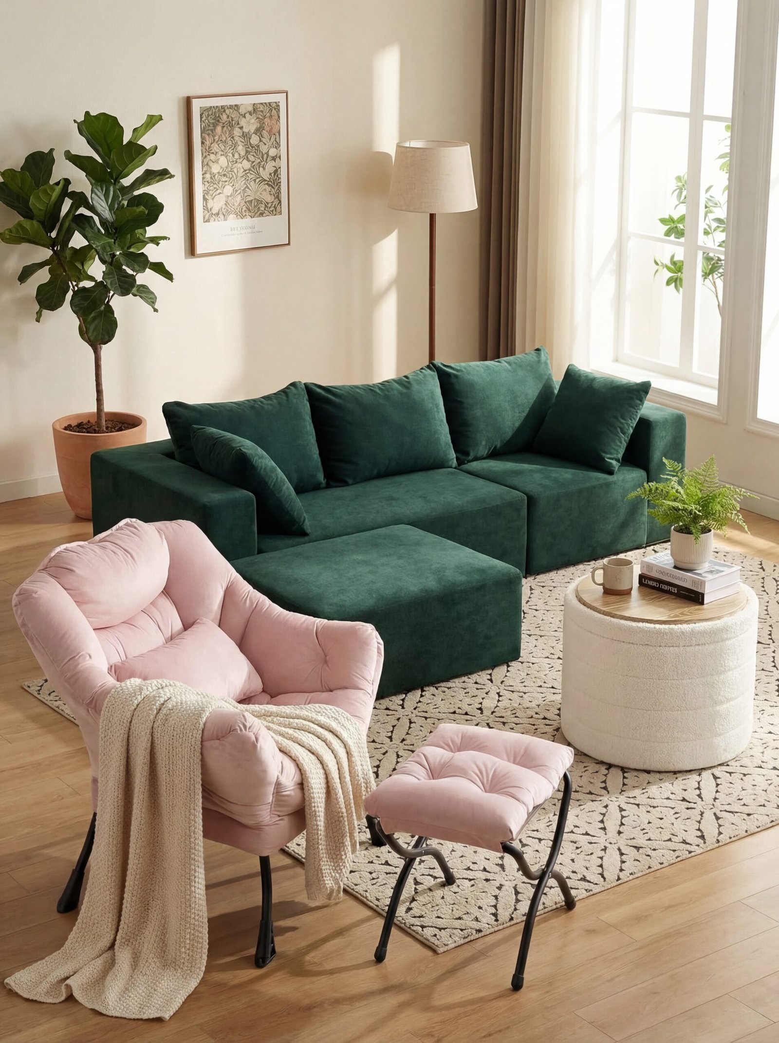 Luxurious velvet furniture pieces in jewel tones creating rich tactile dimension in contemporary living space