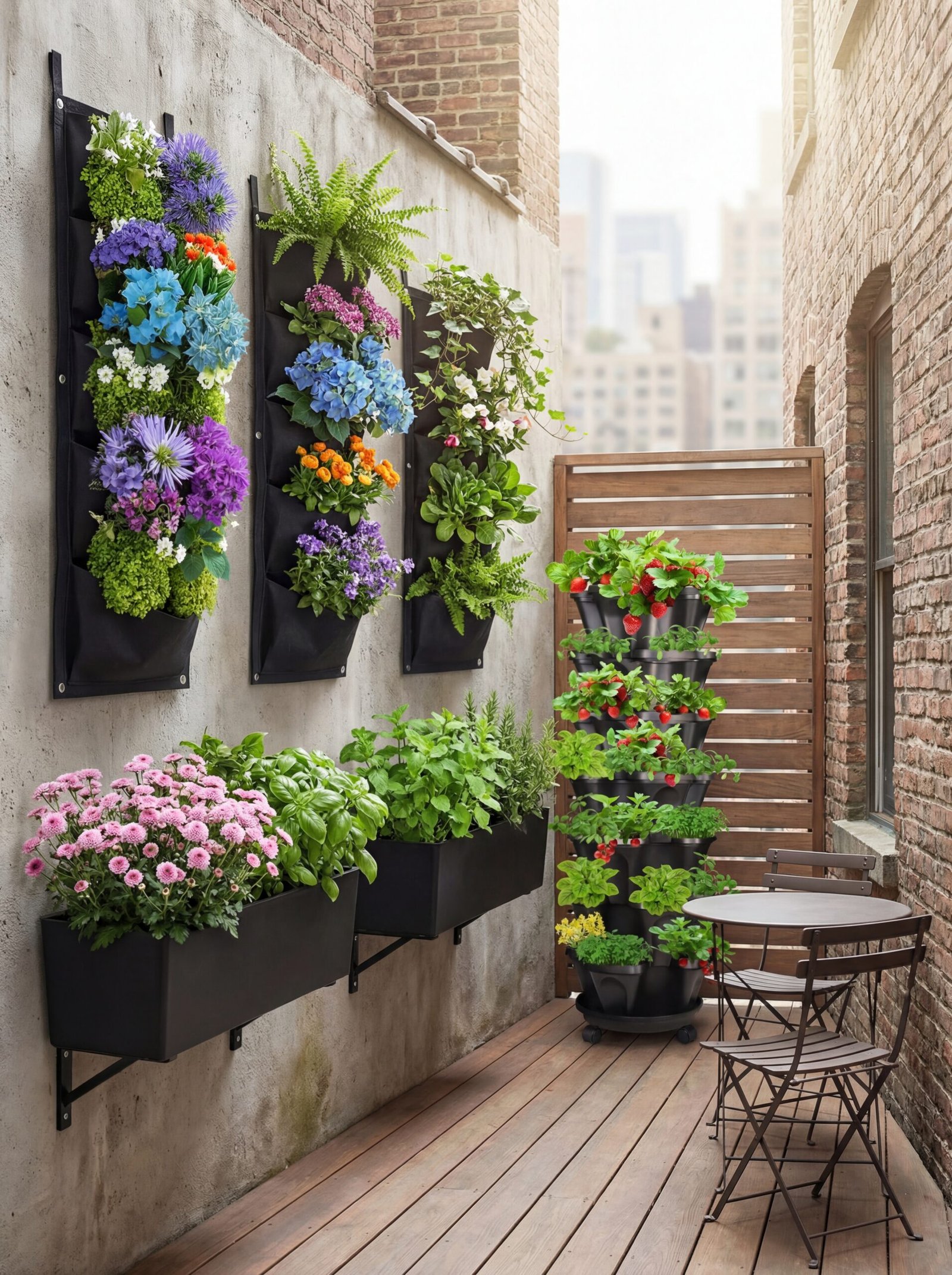 Vertical garden wall planter showcasing lush greenery in a compact courtyard terrace setting
