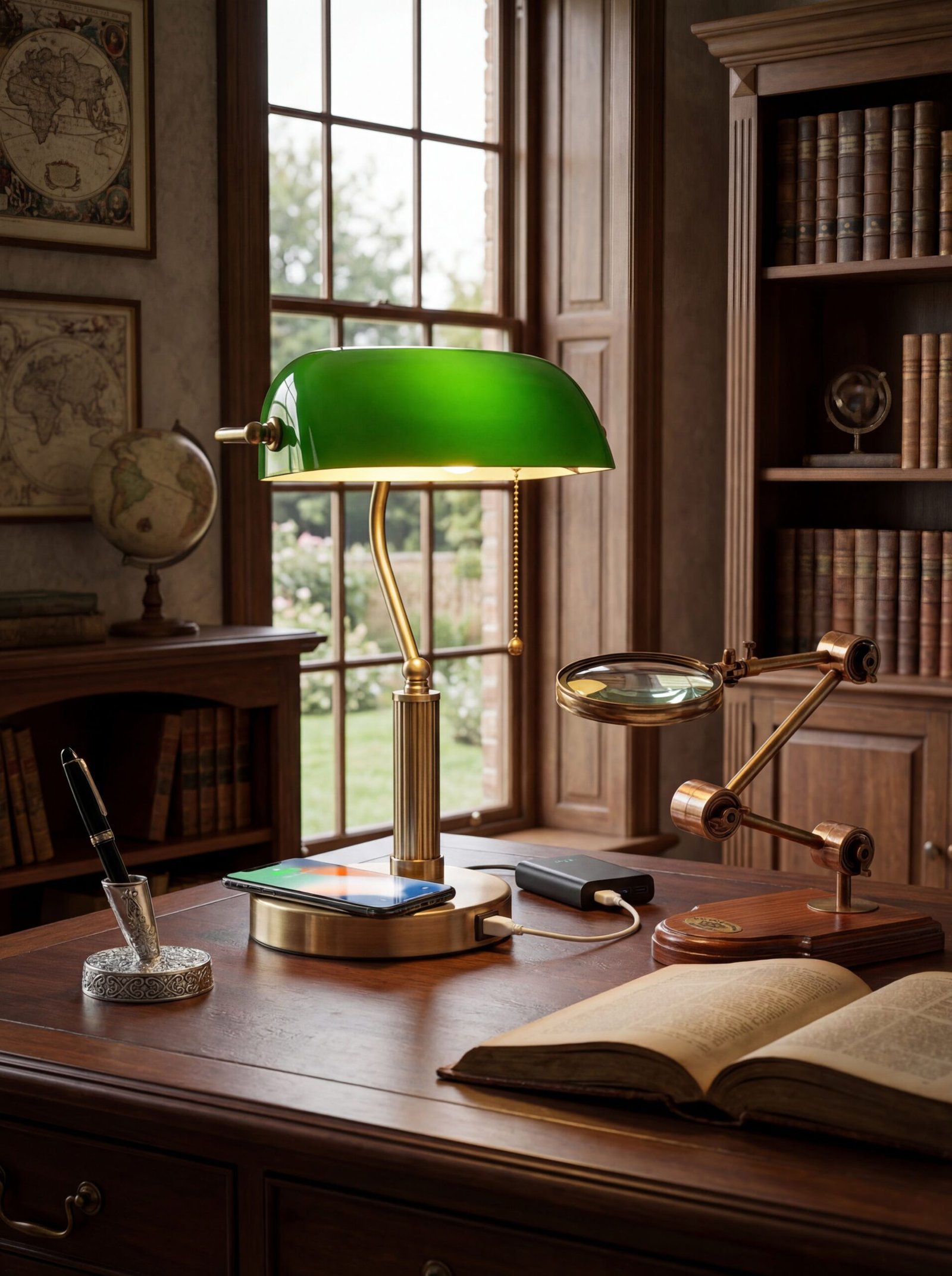 Classic brass banker's lamp with green glass shade providing warm task lighting in a dark academia study room