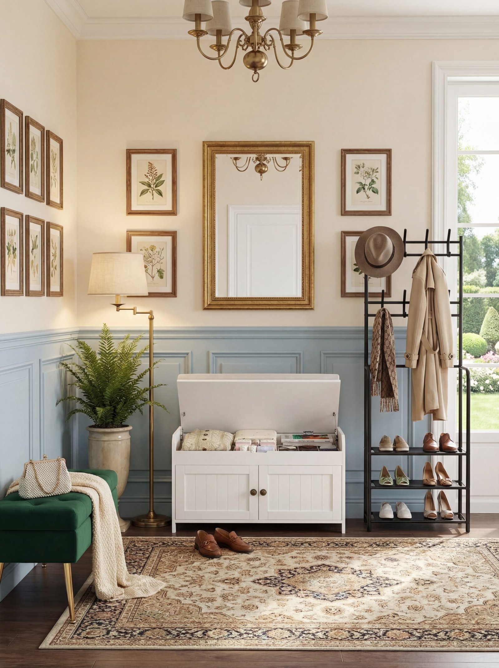 Curated collection of vintage neo-classical accessories including brass objects and aged books arranged on entryway bench