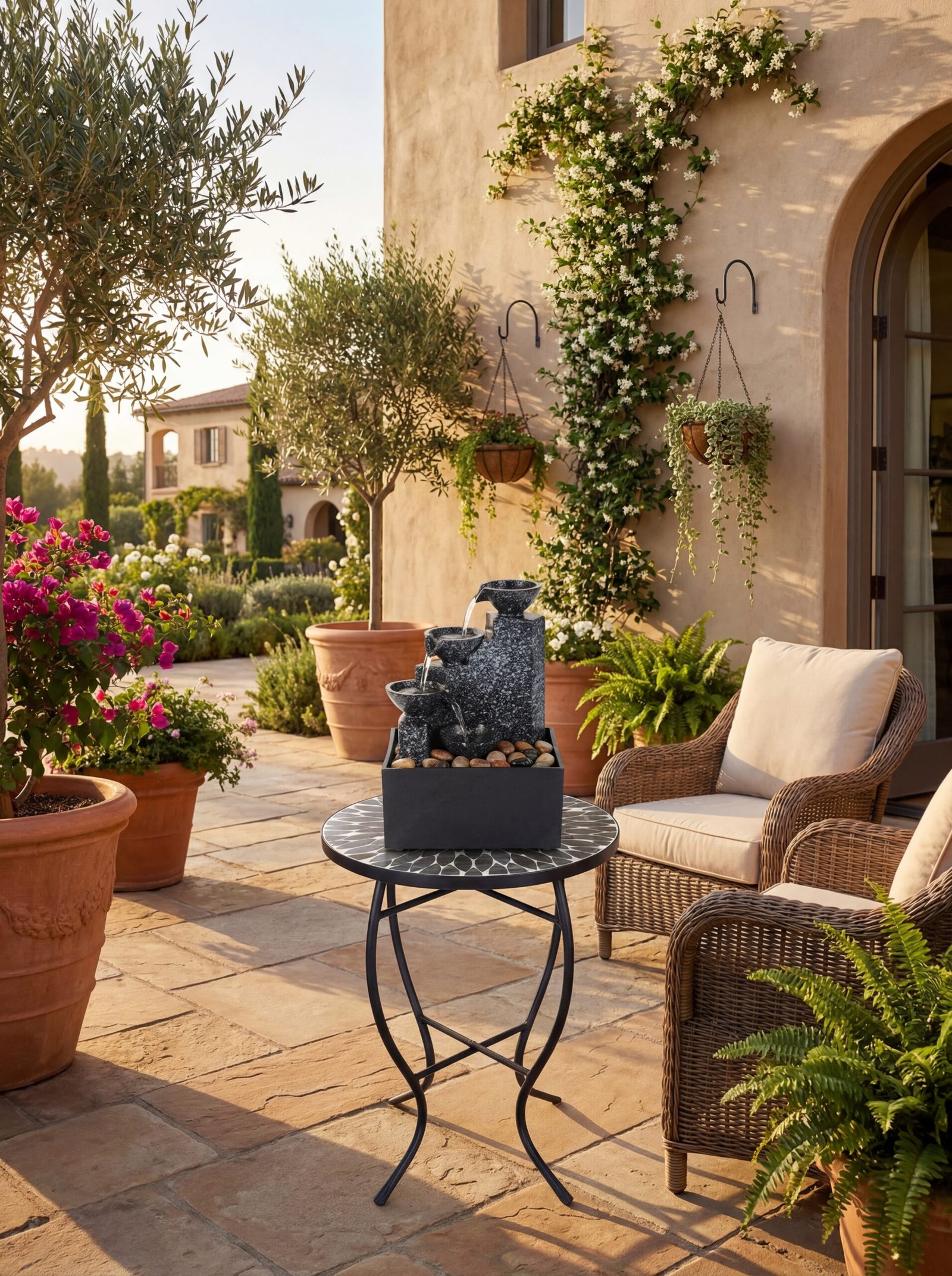 Elegant Mediterranean fountain centerpiece with mosaic detailing in a villa courtyard patio surrounded by potted plants