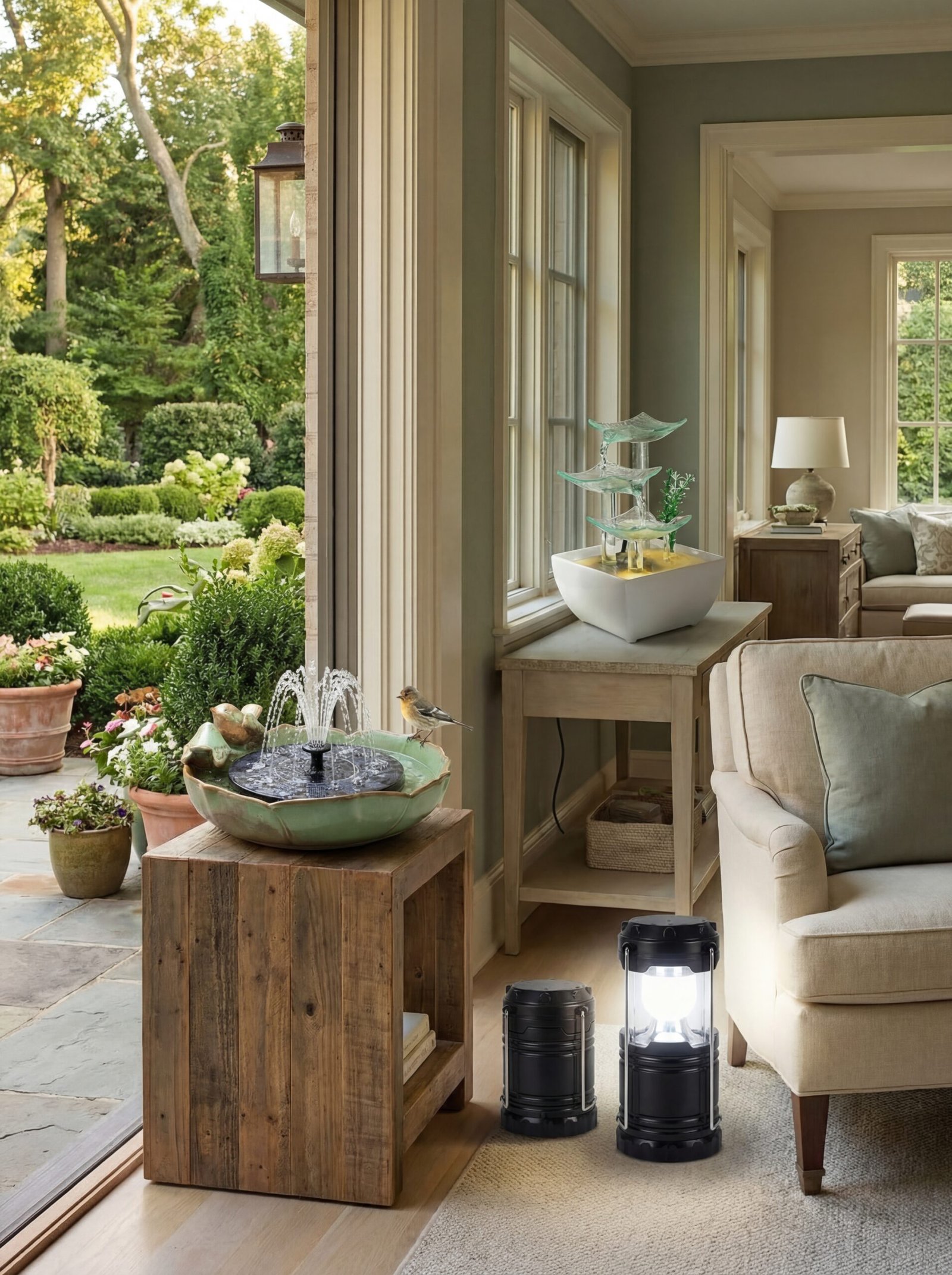 Ceramic solar fountain with bird bath creating peaceful water sounds in a cottage courtyard