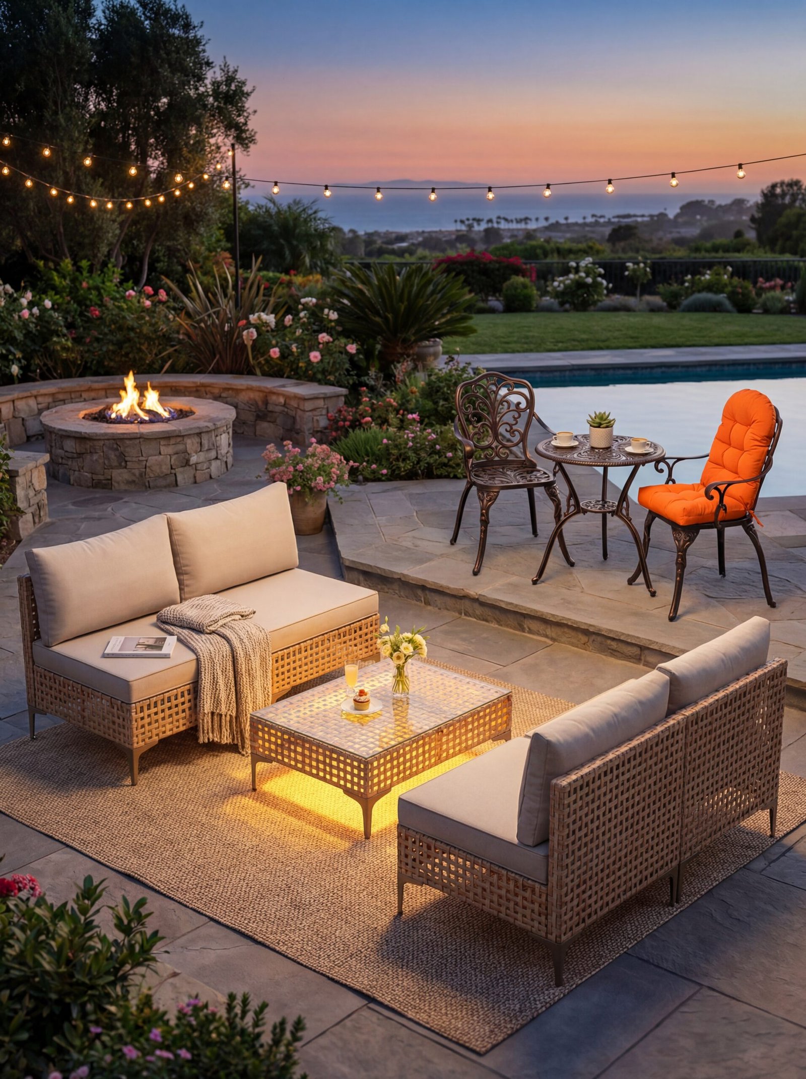All-weather outdoor seating arrangement with waterproof cushions on a cottage terrace