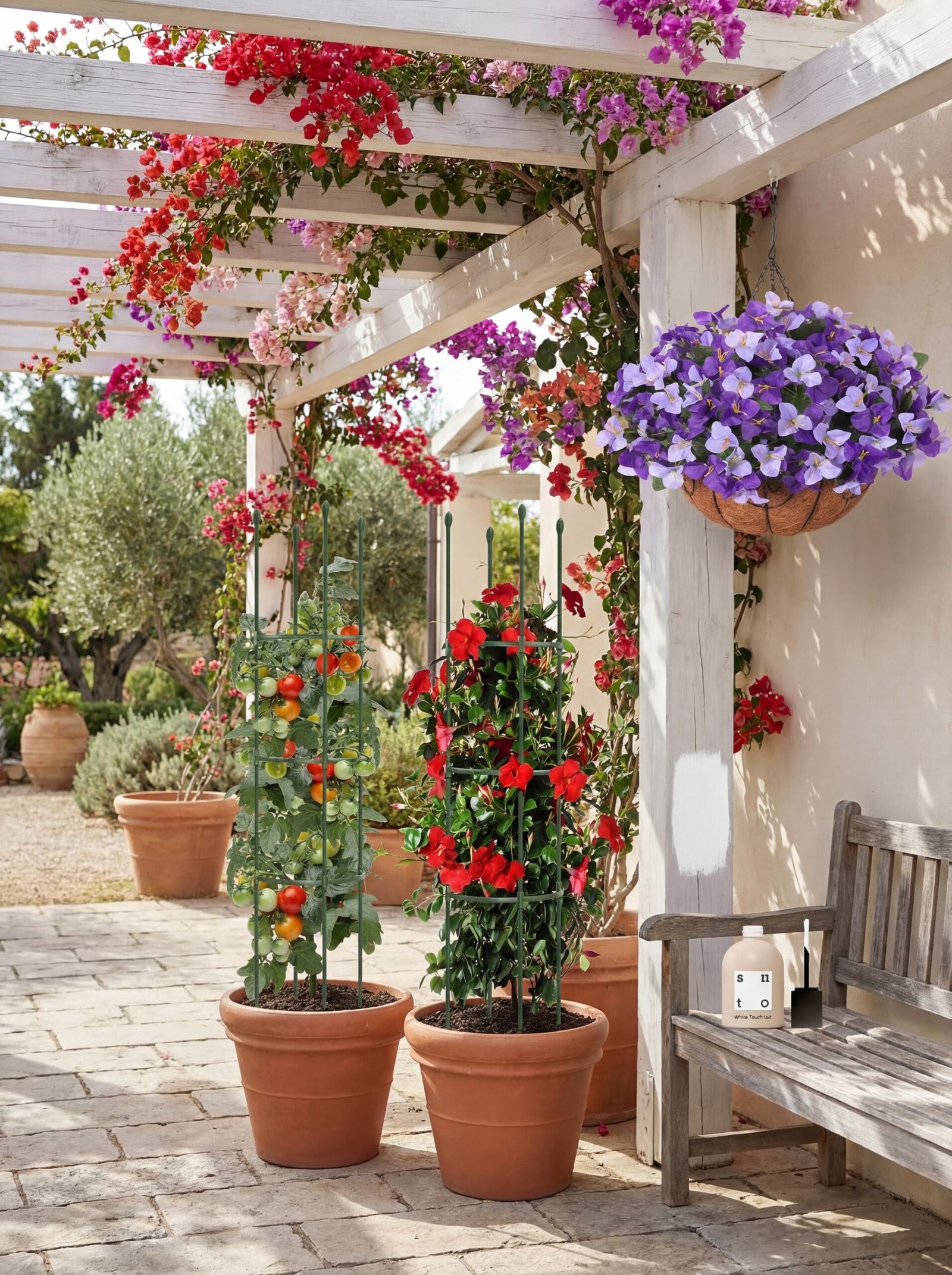 Whitewashed pergola adorned with cascading bougainvillea creating natural shade in a Mediterranean villa patio