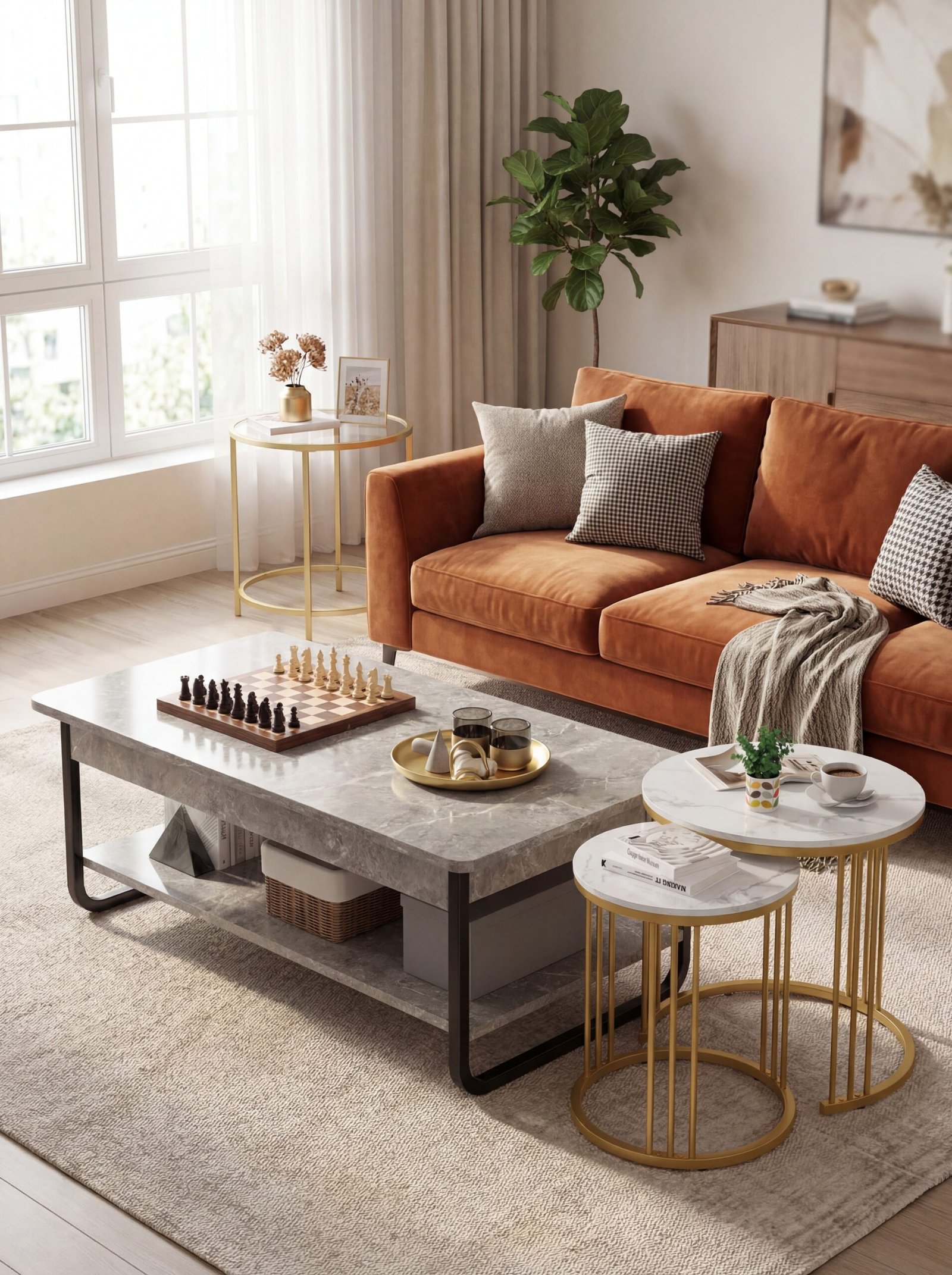 Sophisticated marble accent furniture including coffee tables and side tables with metallic bases elevating living room elegance