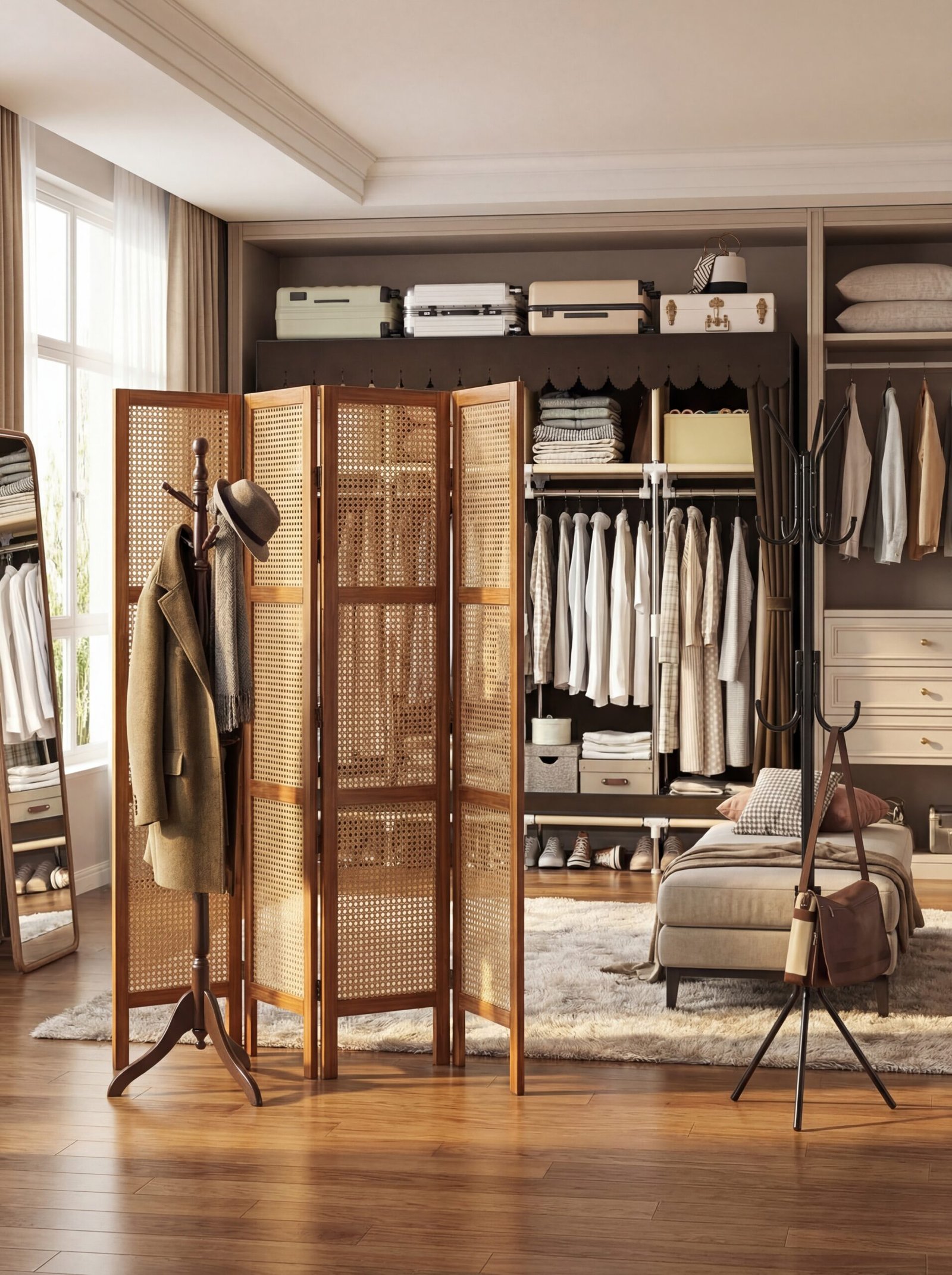 Victorian wooden folding privacy screen for flexible dressing room space division