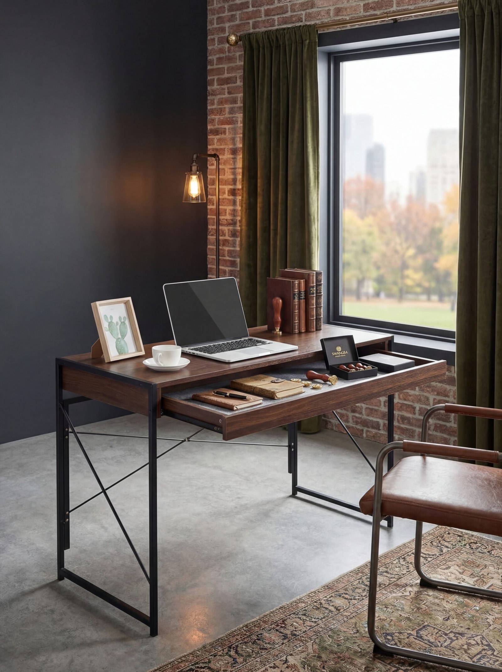 Elegant writing desk with hidden storage compartments and vintage brass hardware perfect for scholarly work