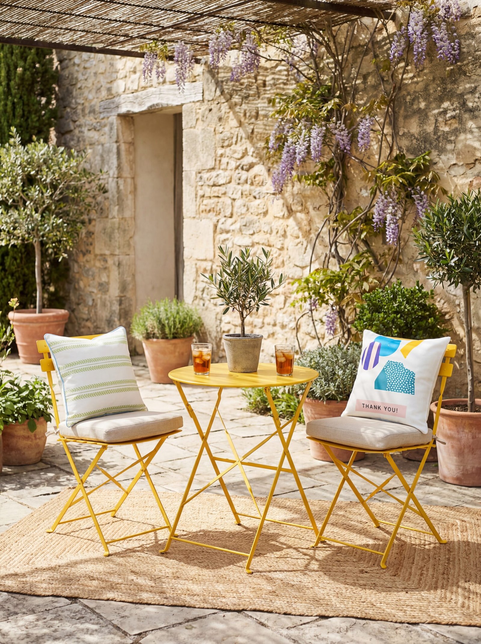 Mediterranean wrought iron patio furniture with natural linen cushions creating an elegant outdoor seating area in a villa courtyard